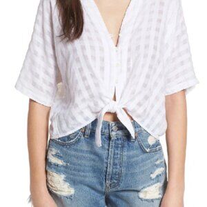 RAILS Thea Tie Waist Blouse in Powder Check White Short Sleeve Size Small